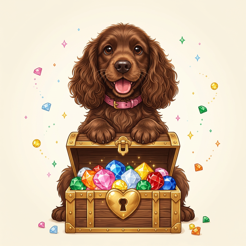 Teddy the spaniel with a treasure chest full of colourful gems